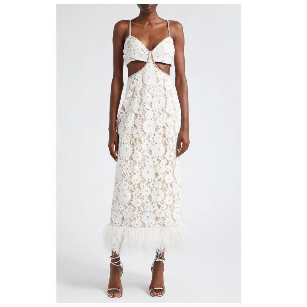 LIKELY Sarah Cutout Lace Feather Trim Maxi Dress Size 4